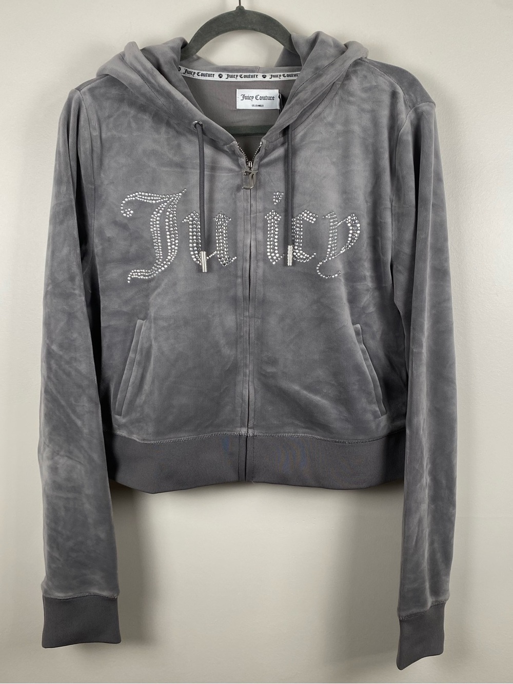 Juicy Couture Women's Gray Velour Rhinestone Zip Hoodie Large